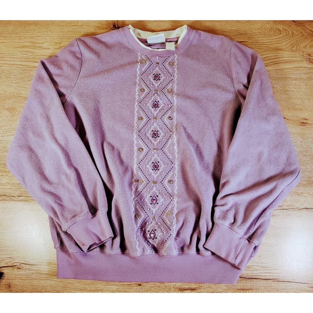 Vintage Alfred Dunner Lavender Sweatshirt‎ Embroidered Grandmacore Gem Accents L